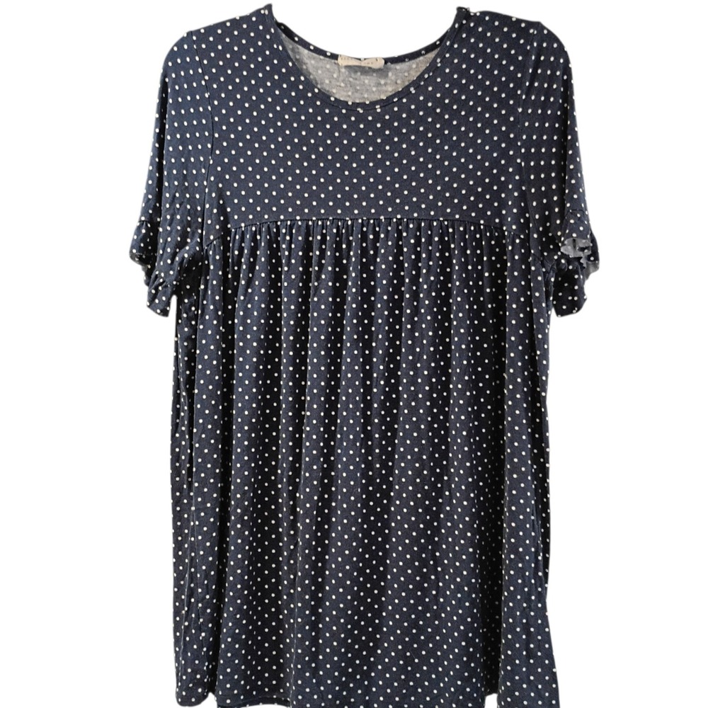 First Look Navy Polka Dot Babydoll Stretch Blouse‎ Size Large Lightweight EUC